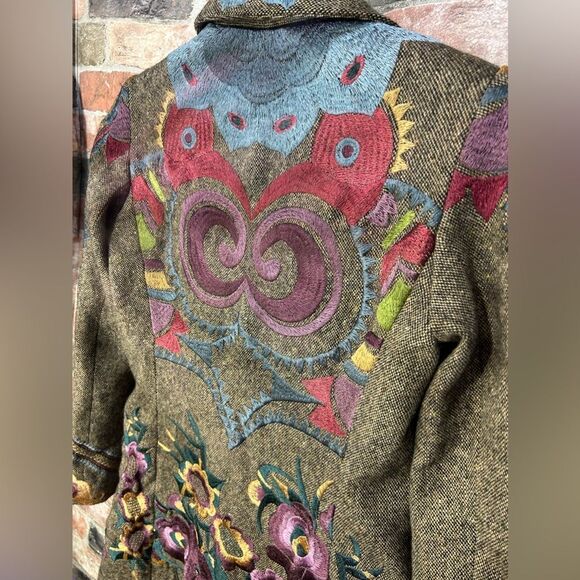 Vintage Johnny Was Biya Embroidered Long Line Button Front Wool Trench Coat XS - Picture 10 of 13